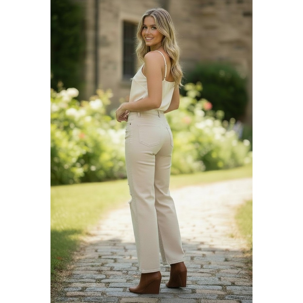 Judy Blue NWT Coastal Western Bootcut Jeans Tan‎ Distressed High Waist 29x32